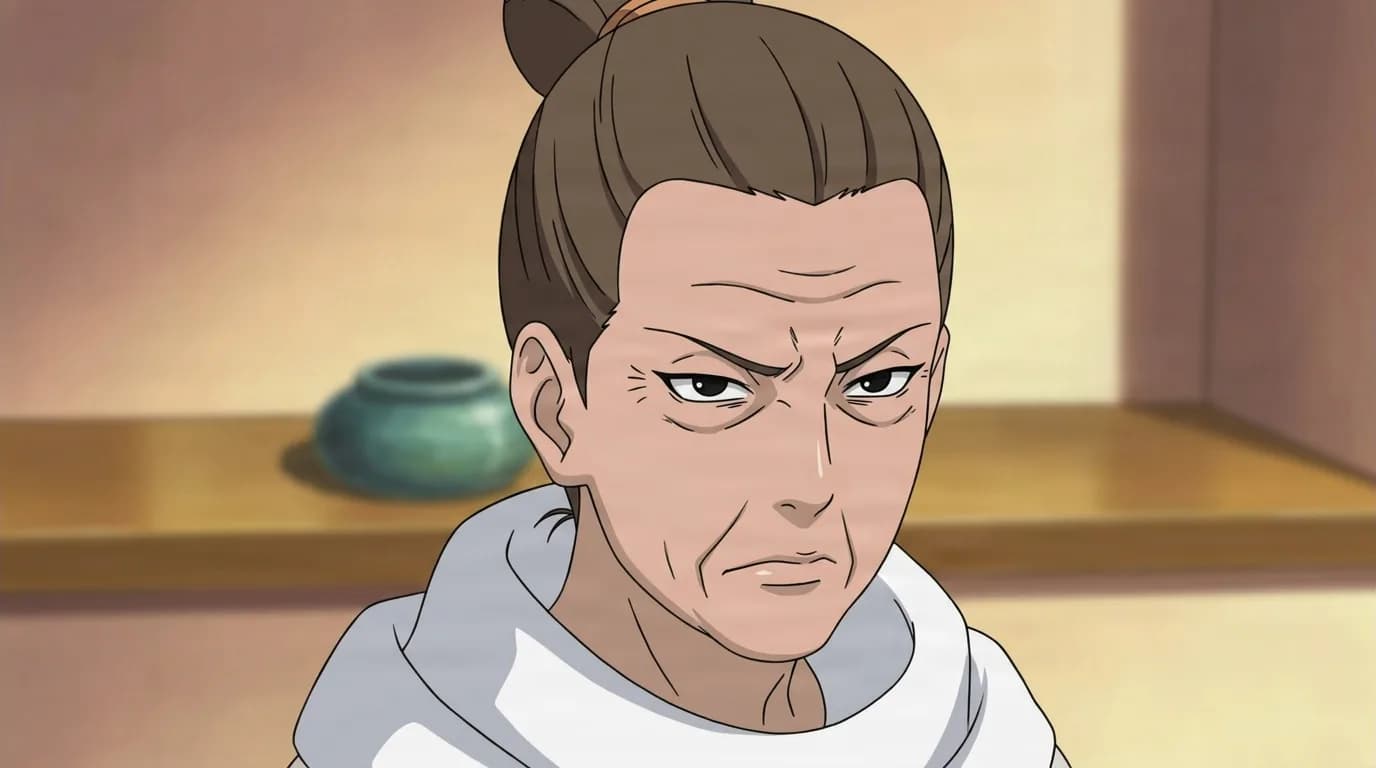 Biwako Sarutobi from Naruto in a close-framed cel-shaded anime scene with a detailed environment