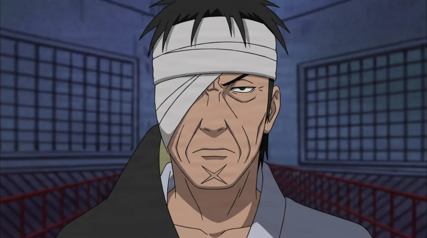 Danzō Shimura from Naruto in a close-framed cel-shaded anime scene with a detailed environment
