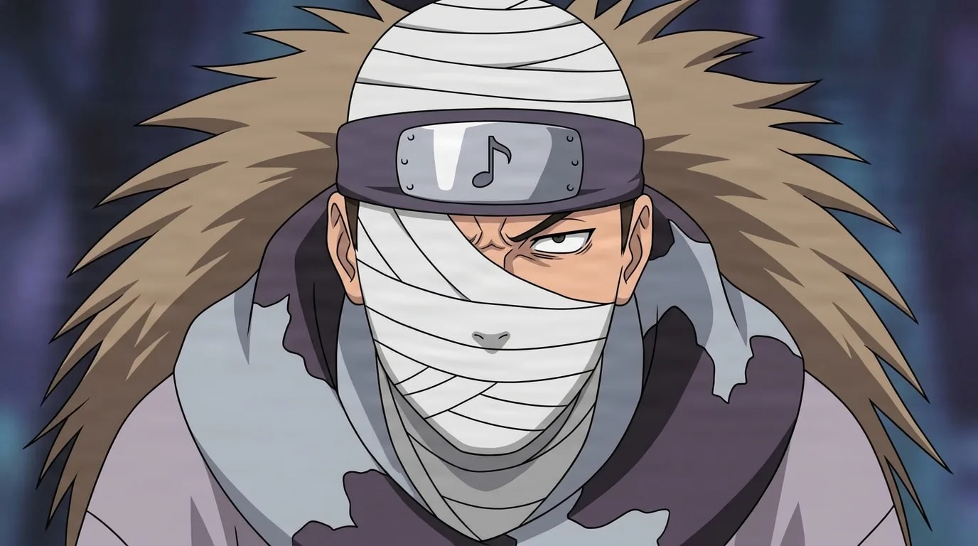 Dosu Kinuta from Naruto in a close-framed cel-shaded anime scene with a detailed environment