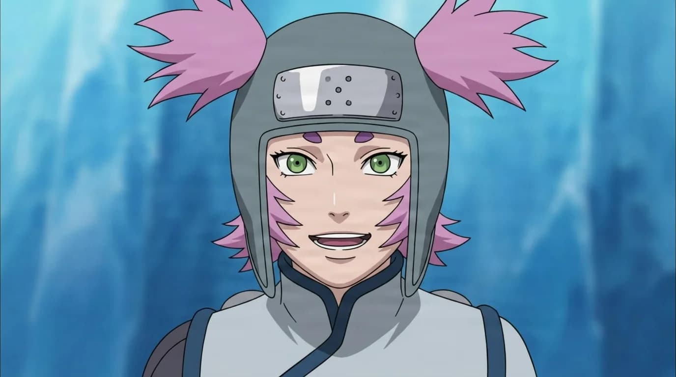 Fubuki Kakuyoku from Naruto in a close-framed cel-shaded anime scene with a detailed environment