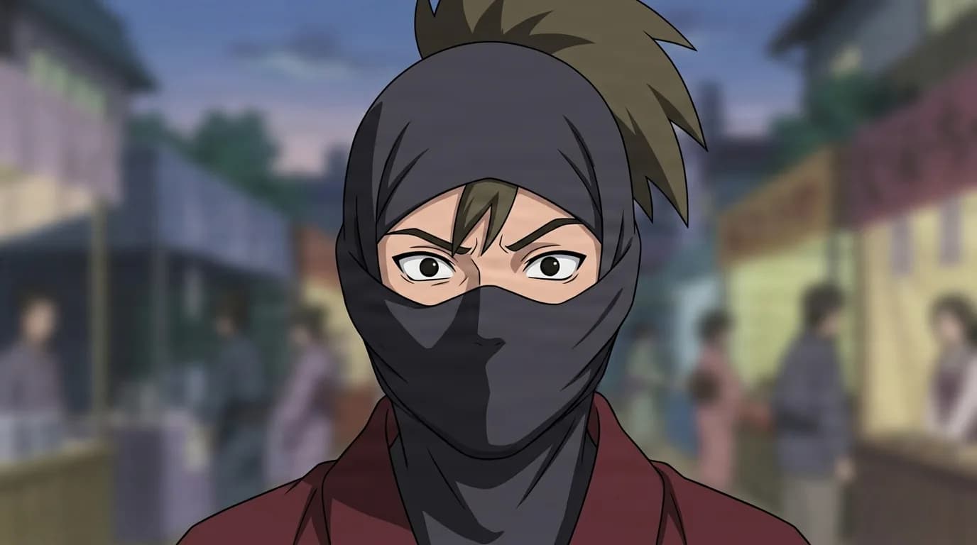 『NARUTO』のキャラクター、ガメル。細部まで描き込まれた背景を伴う、クローズアップのセル画調アニメシーンとして描かれている。