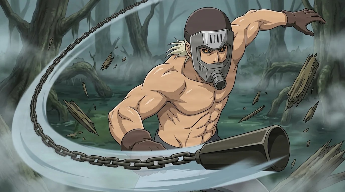 A shirtless muscular ninja wearing a metal breathing mask swings a long bladed chain weapon in a wide arc through a misty swamp, with wood splinters and water flying around him.