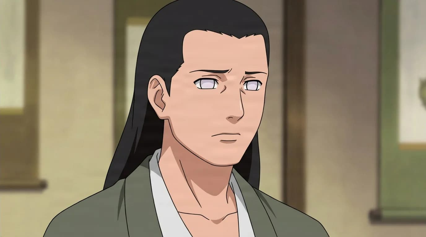 Hiashi Hyūga from Naruto in a close-framed cel-shaded anime scene with a detailed environment