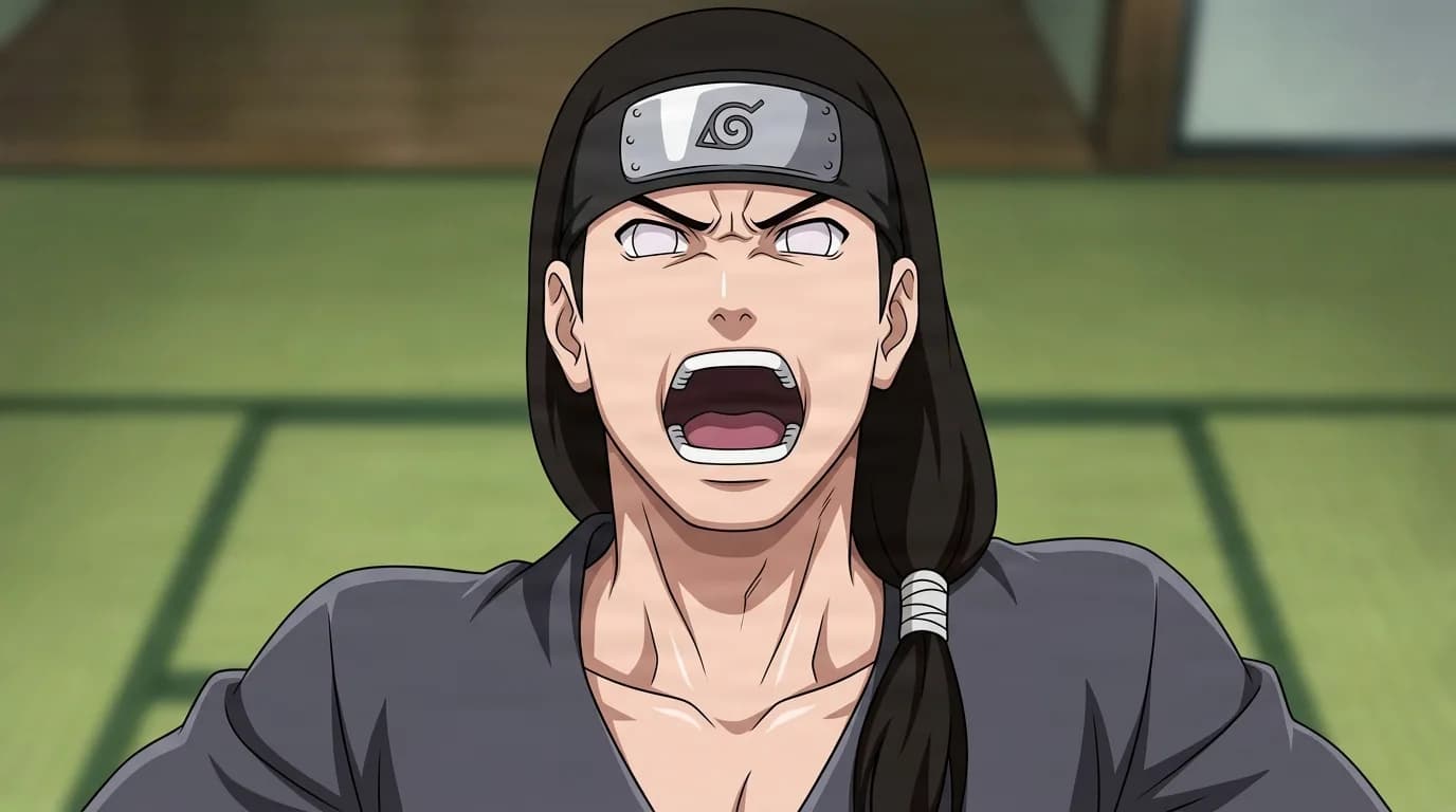 Hizashi Hyūga from Naruto in a close-framed cel-shaded anime scene with a detailed environment