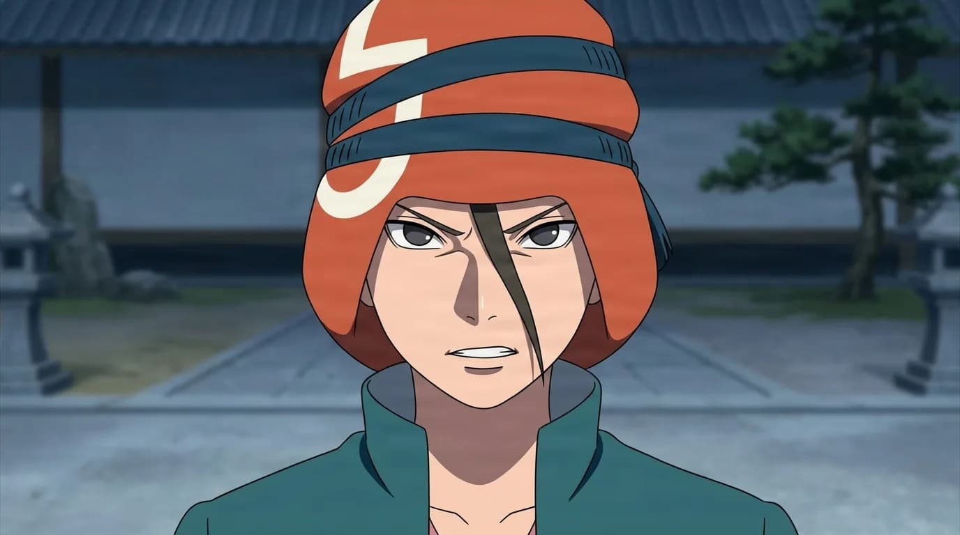 Iwabee Yuino from Naruto in a close-framed cel-shaded anime scene with a detailed environment