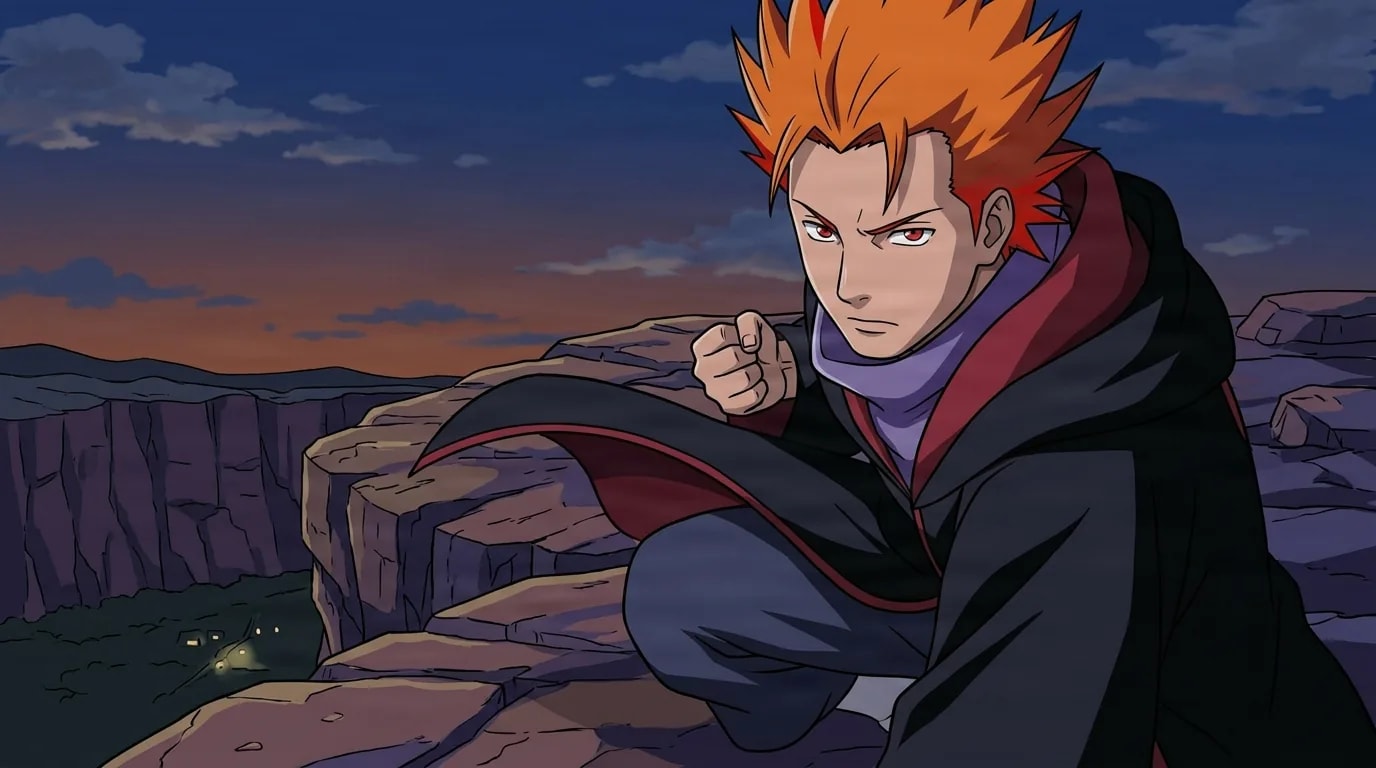 An orange haired shinobi with red eyes and a purple scarf crouches on a rocky cliff ledge at dusk, one fist clenched, glaring intensely.