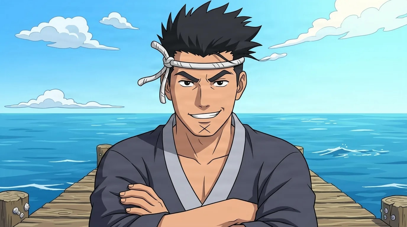 Muscular man with spiky black hair, a white headband and an X-shaped scar on his chin crosses his arms with a confident grin on a seaside dock under a blue sky.