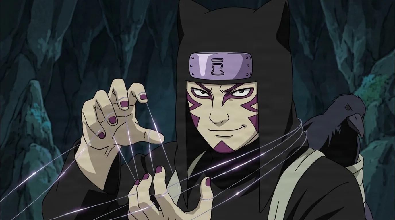 A ninja in a black cat eared hood with purple face paint smirks while thin glowing chakra strings trail from his fingers in a dark cavern, a black crow perched on his shoulder.