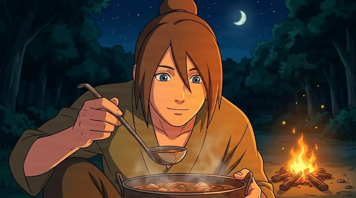 Young man with a topknot crouches by a campfire at night, lifting a ladle of stew over an iron pot under a crescent moon.