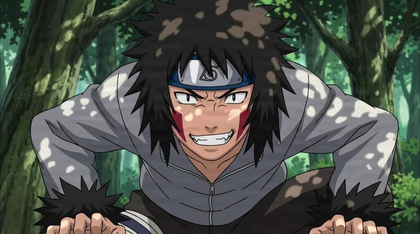 A wild black haired ninja with red fang shaped cheek markings crouches low in a fierce toothy snarl among sunlit forest trees, both hands clenched like claws.