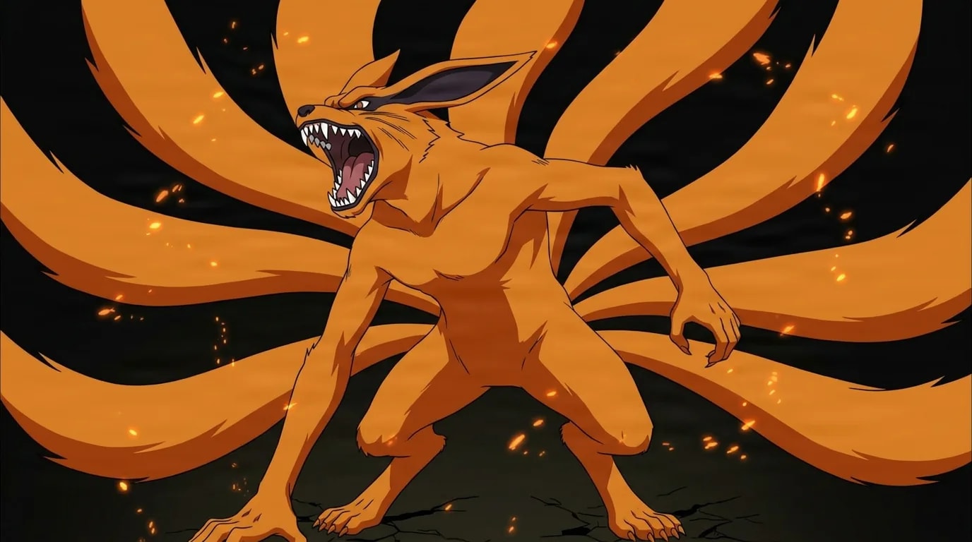 A giant orange nine tailed fox rears up roaring with its fanged jaws wide open and all nine long tails fanning out behind it amid glowing embers in the dark.