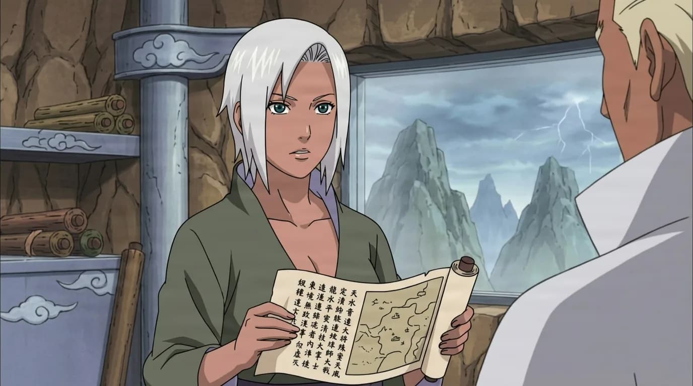 Dark skinned kunoichi with short white hair reading an open scroll to a colleague inside a stone office with storm clouds outside the window