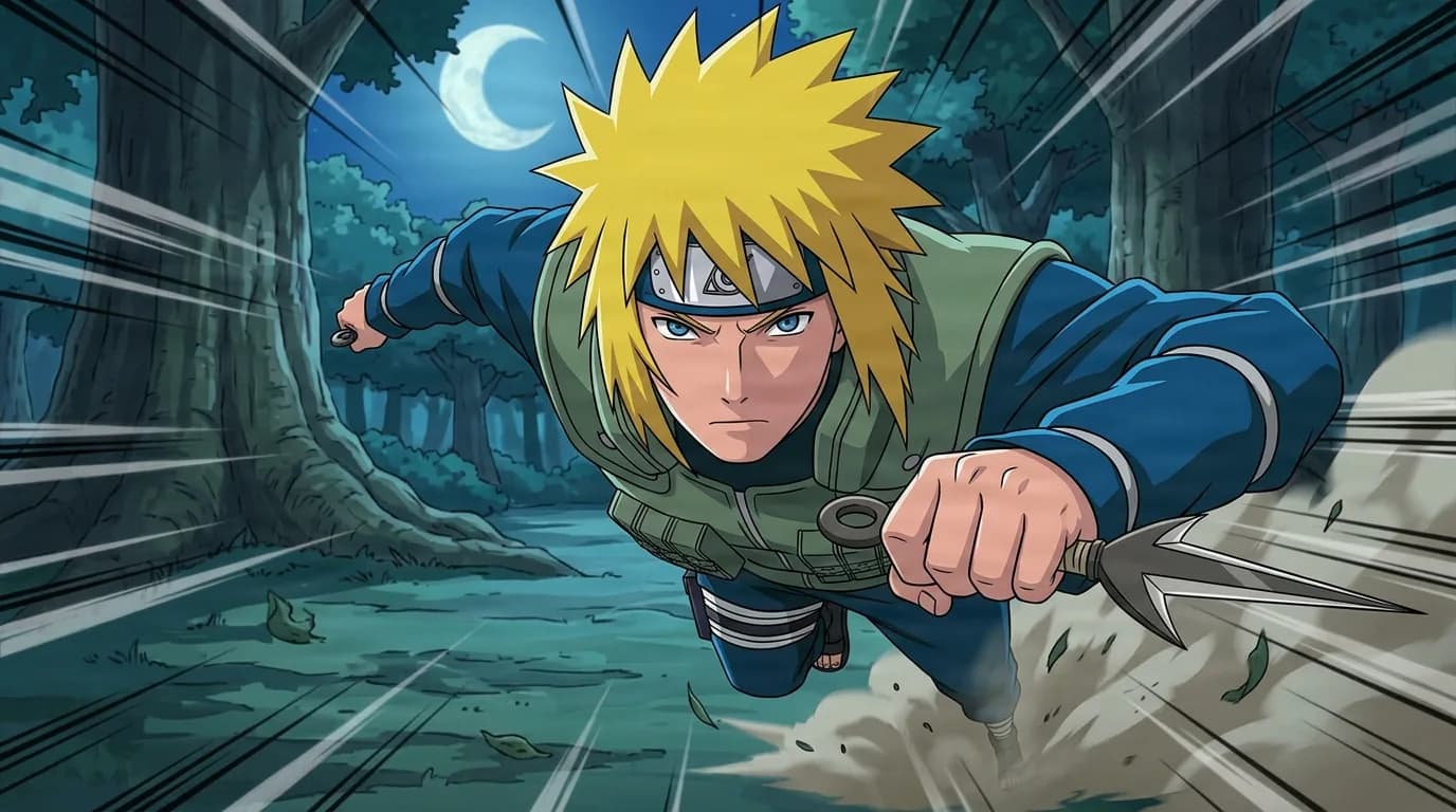 A spiky blond haired ninja in a green flak vest dashes forward through a moonlit forest gripping a three pronged kunai with a focused stare.