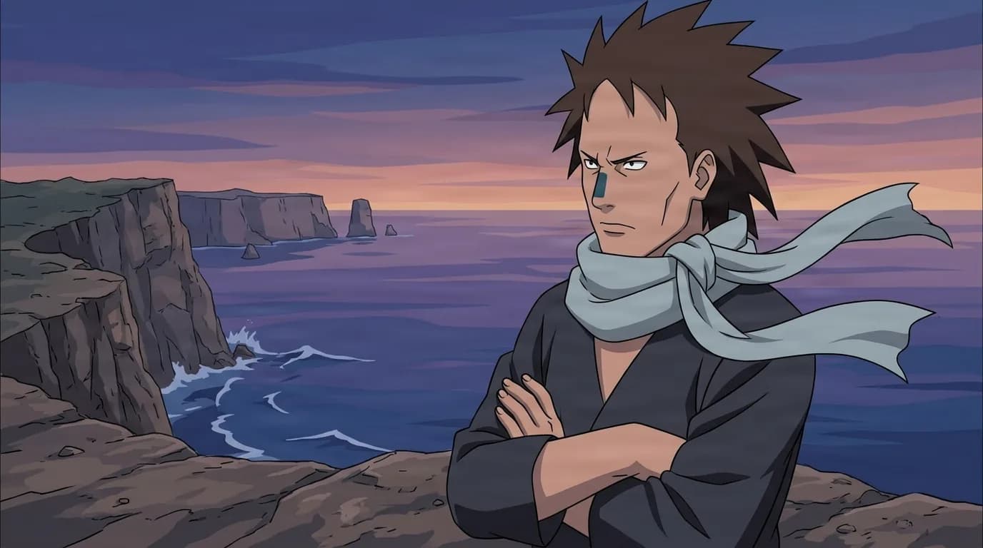 Spiky brown haired shinobi with a grey scarf stands with arms crossed on a rocky sea cliff at dusk