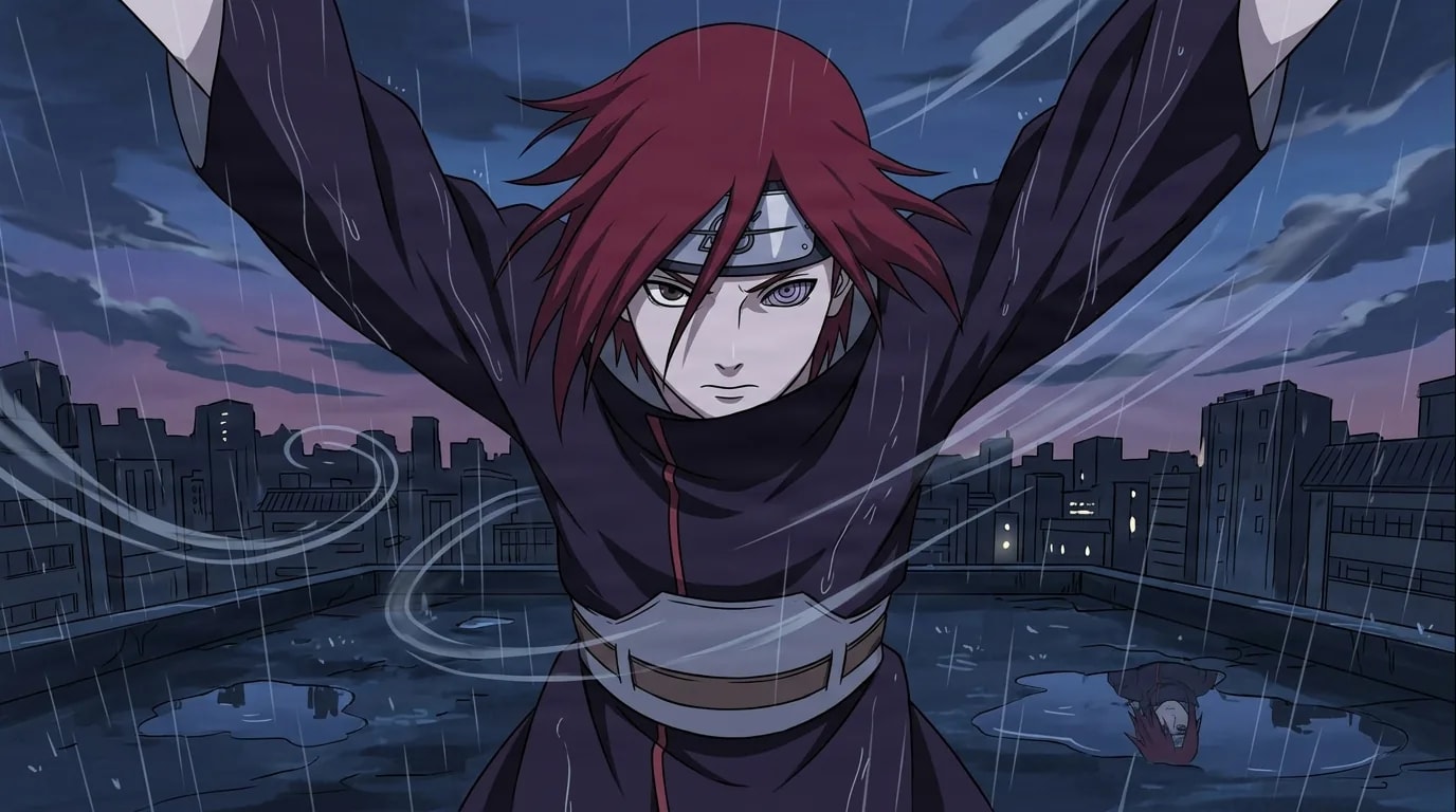 A red haired ninja wearing a dark cloak with red cloud patterns flings both arms wide on a rain soaked rooftop at dusk with a shadowy city skyline behind him.
