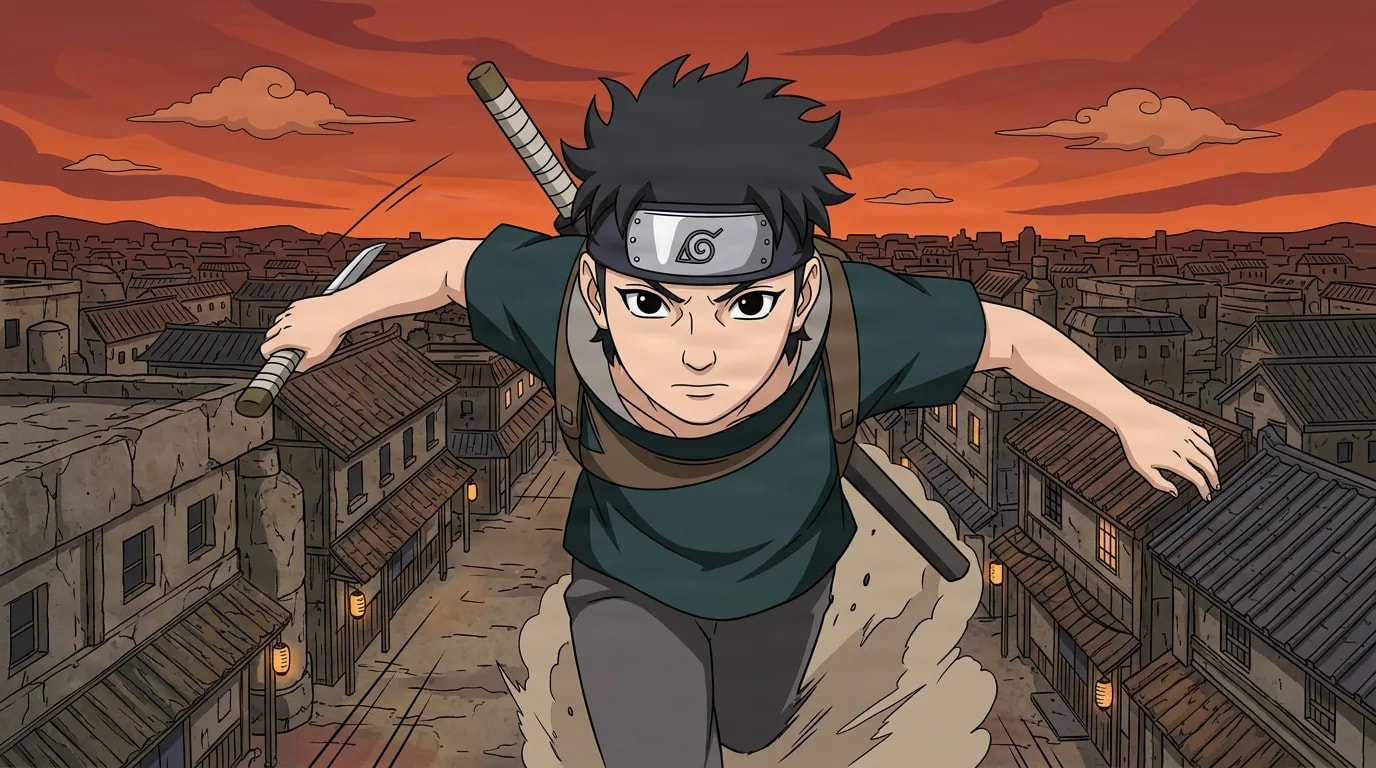 Black haired shinobi with a headband and a sword on his back dashes across village rooftops under an orange sunset sky