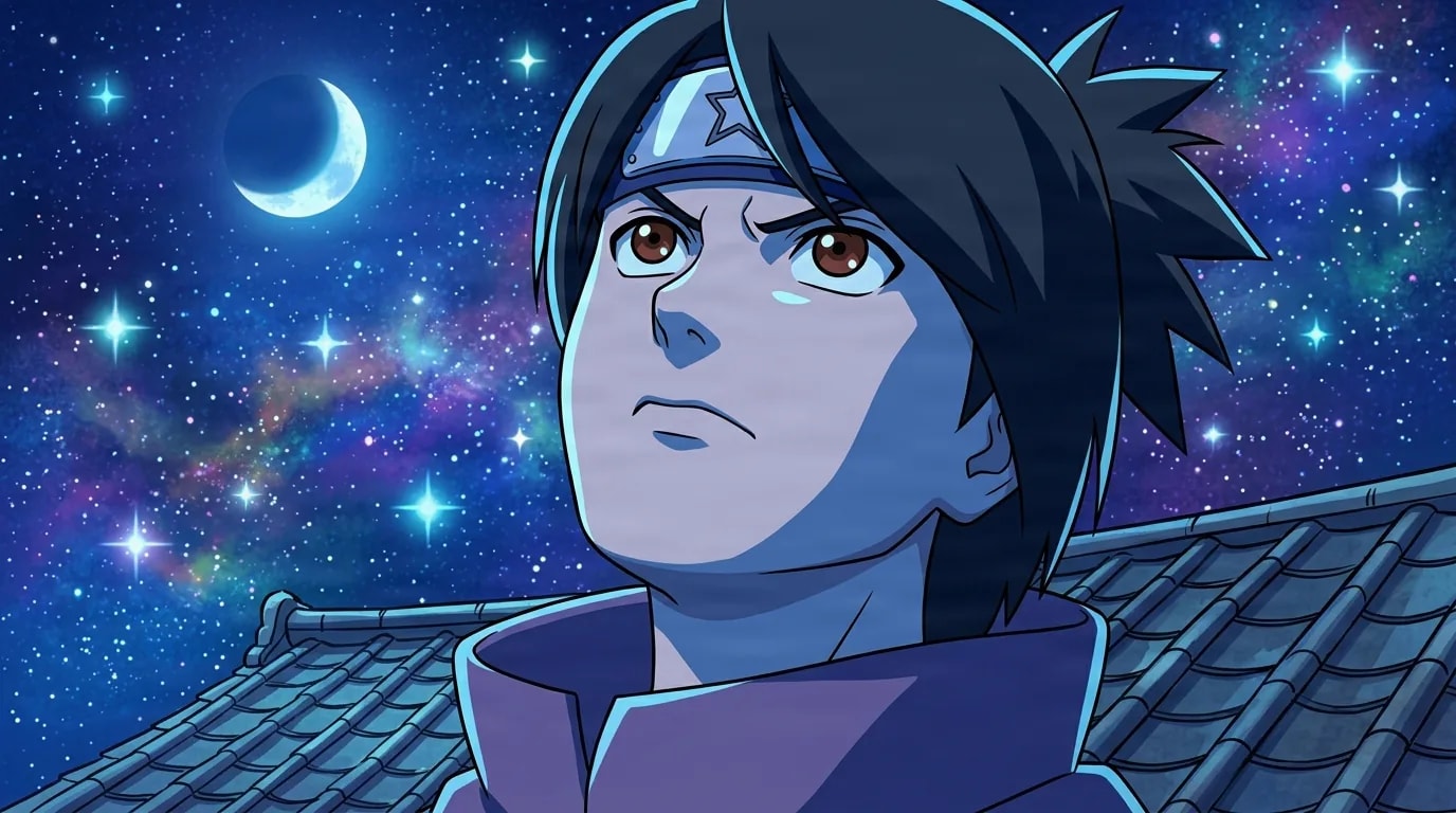 Dark haired young ninja with a star marked headband gazing up at a starry night sky and crescent moon from a rooftop