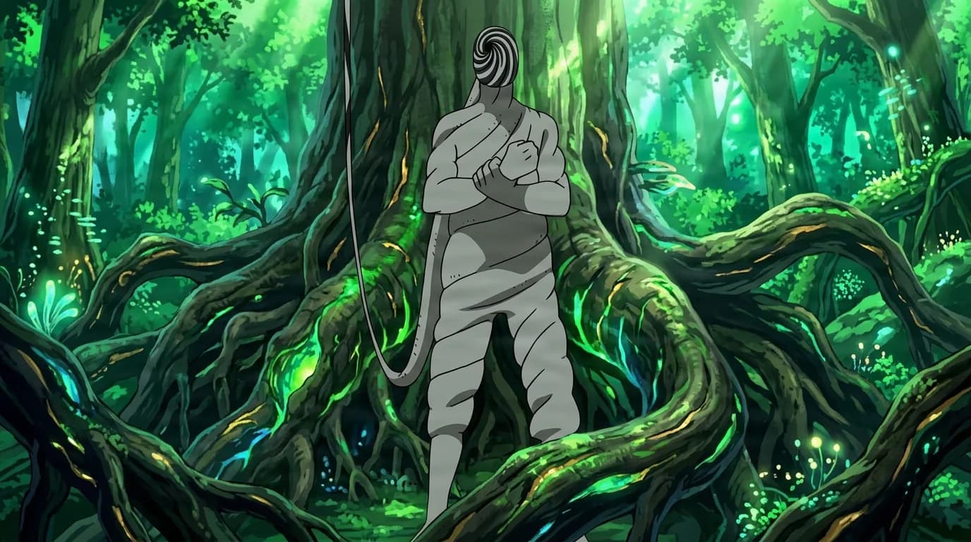 Gray wrapped figure with a swirling spiral face standing with arms crossed among giant glowing tree roots in a vivid green forest