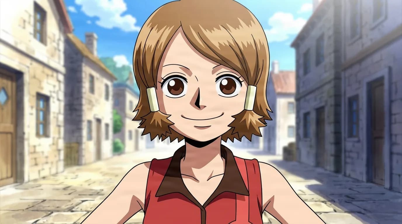 Abi smiling warmly in a sunlit stone-paved village street, short brown hair with pale hair ties, wearing her sleeveless red top.