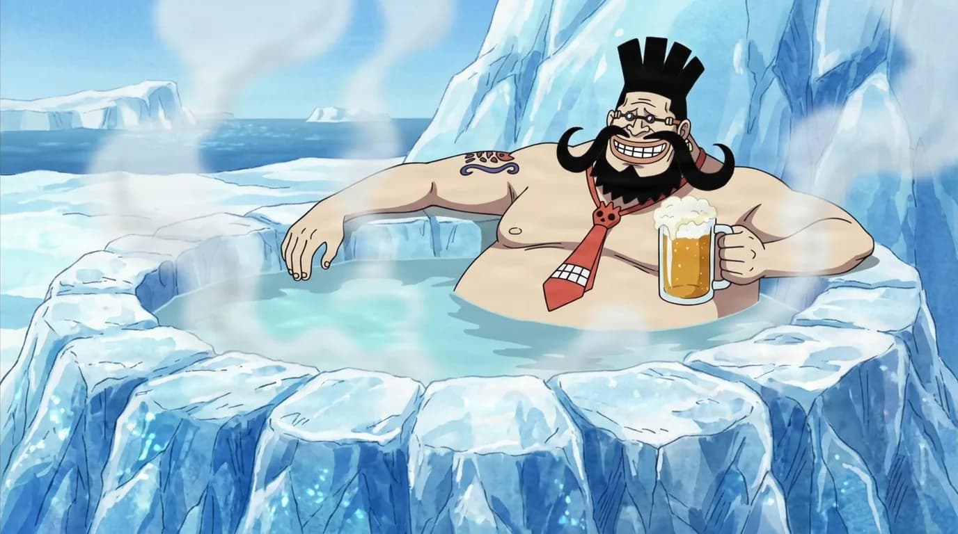 Don Accino soaking in a steaming hot pool carved into an iceberg, beer mug in hand, grinning under his huge curled mustache with his red tie floating on the water.