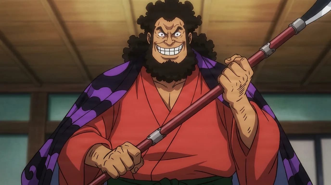 Akudai Kanzaburo from One Piece in a close-framed cel-shaded anime scene with a detailed environment