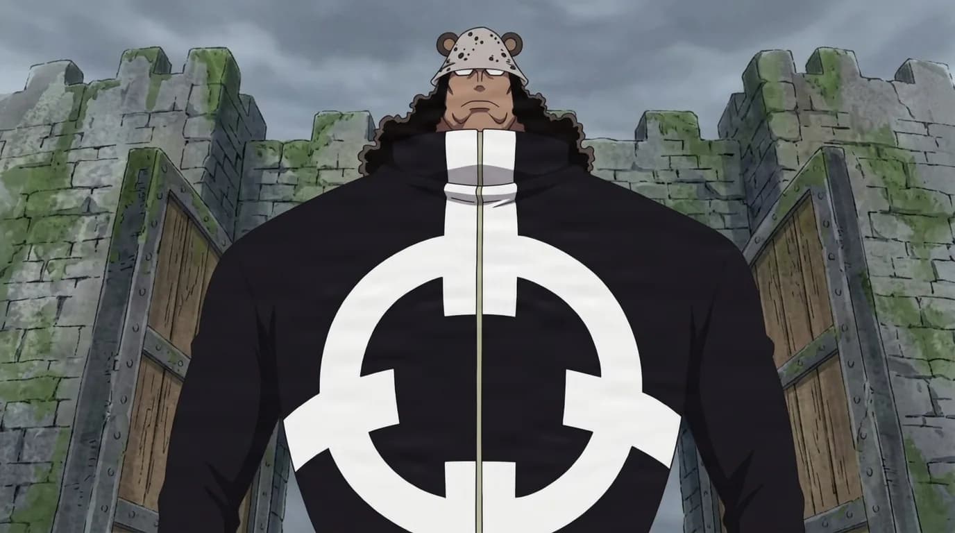 Towering dark-skinned man in a spotted bear-eared cap and a black coat bearing a large white cross-in-circle emblem stands stone-faced before a mossy stone fortress gate under a grey sky.