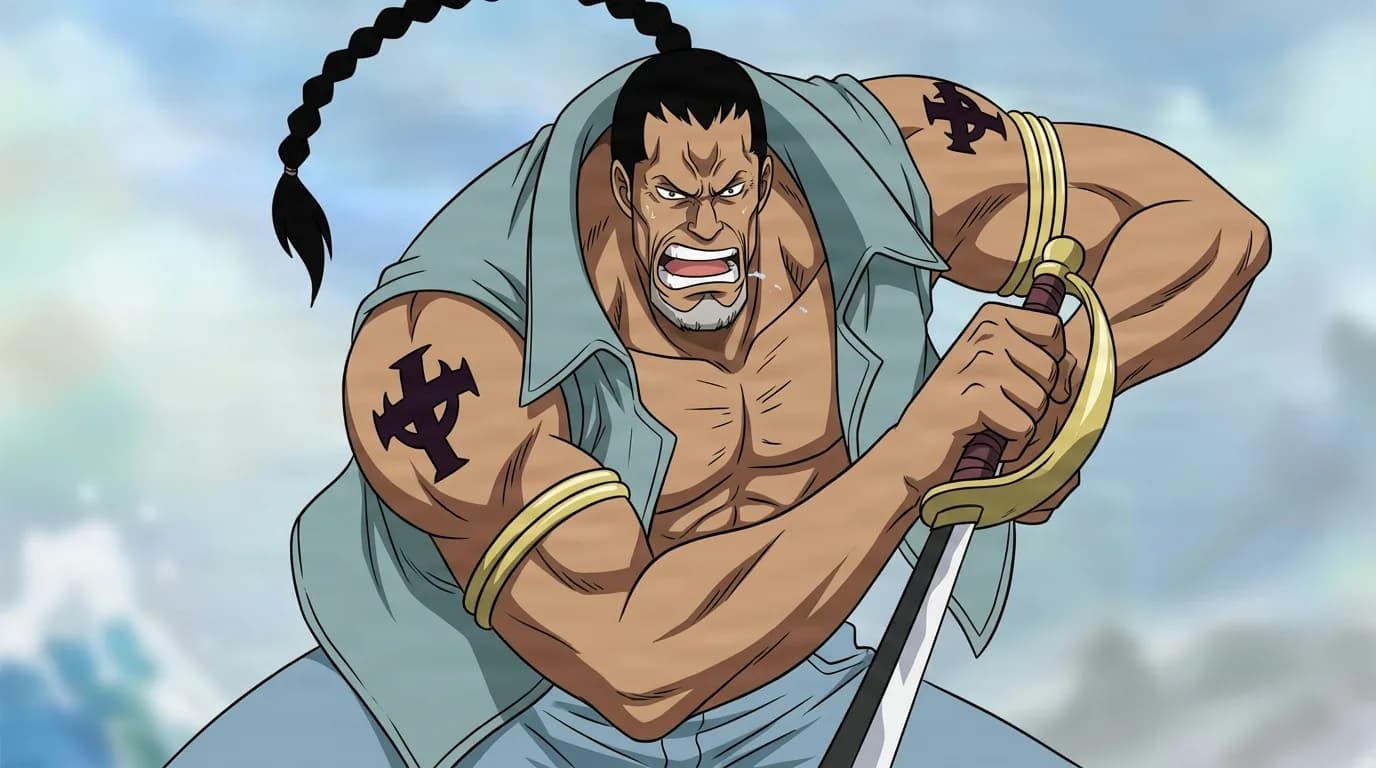 Blenheim from One Piece in a close-framed cel-shaded anime scene with a detailed environment