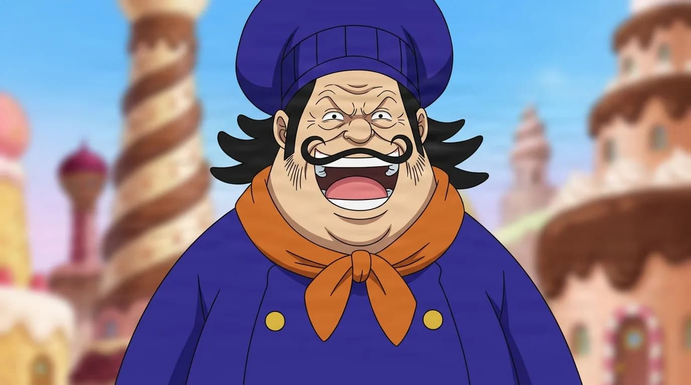 Buche from One Piece in a close-framed cel-shaded anime scene with a detailed environment
