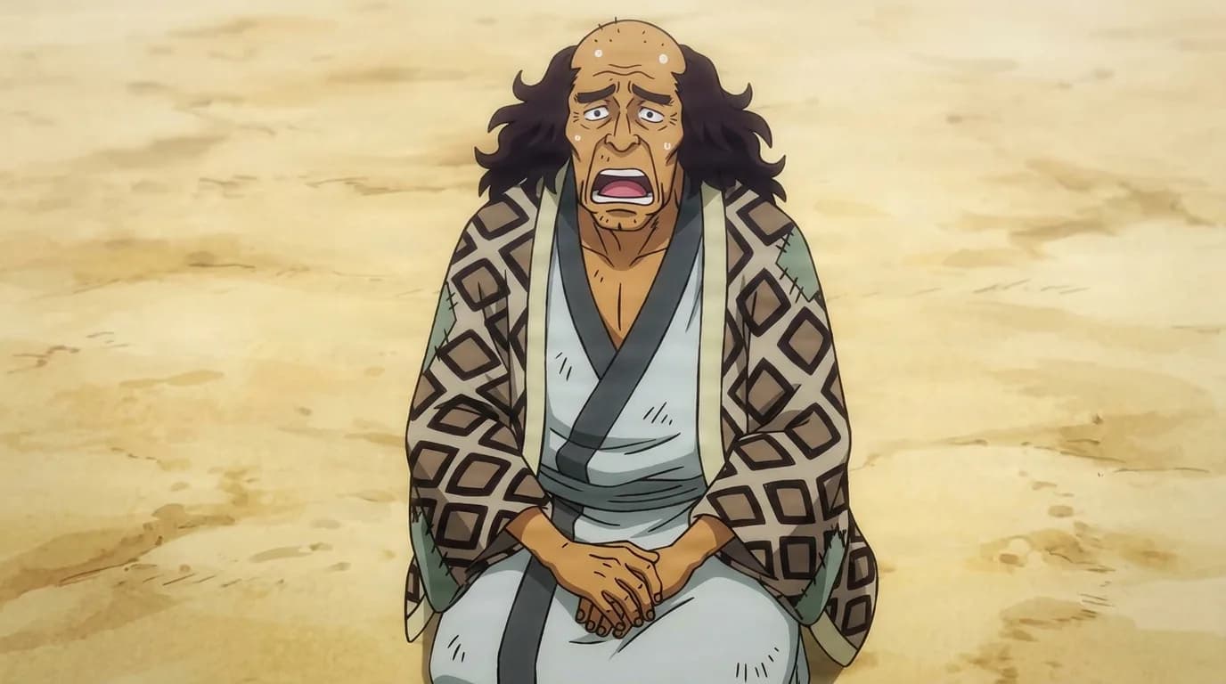 『ONE PIECE』のキャラクター、ブン業。細部まで描き込まれた背景を伴う、クローズアップのセル画調アニメシーンとして描かれている。