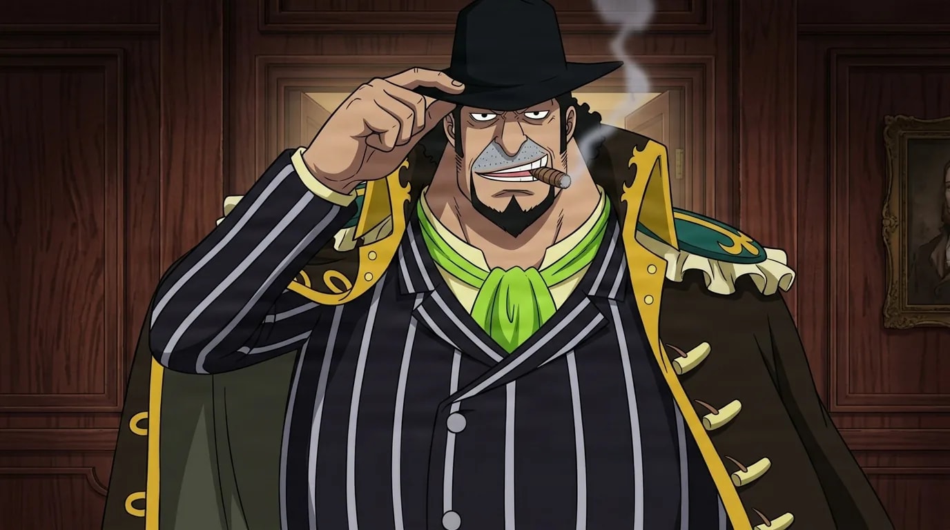 Stocky mafia-style captain in a black fedora and pinstriped suit with a green ascot bites a lit cigar and touches his hat brim inside a wood-panelled hall.
