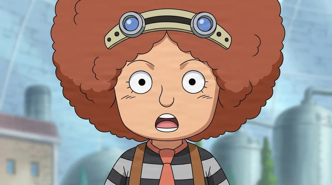 Chao de One Piece en una escena de anime de encuadre cerrado con sombreado cel y un entorno detallado.