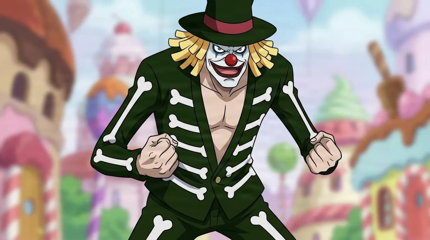 Charlotte Mont-d'Or from One Piece in a close-framed cel-shaded anime scene with a detailed environment