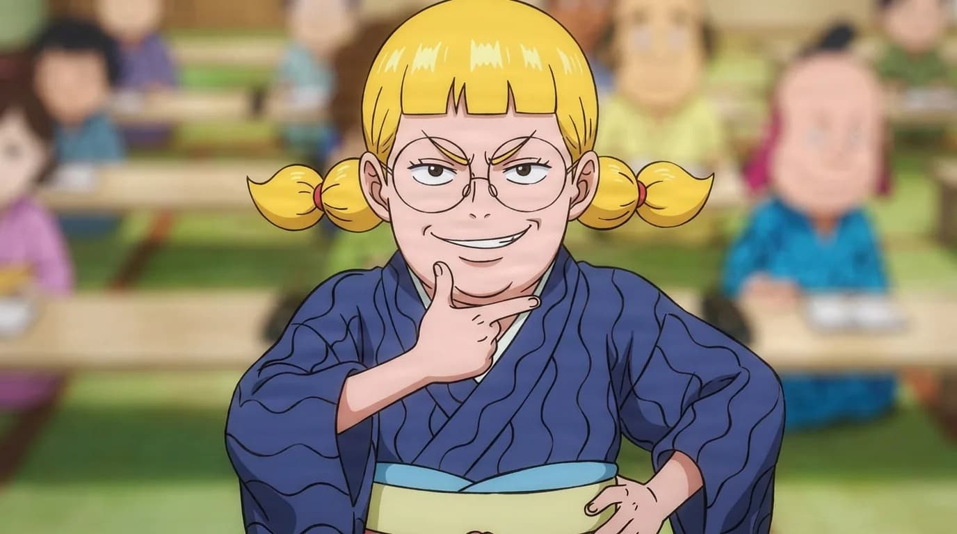 Chihaya de One Piece en una escena de anime de encuadre cerrado con sombreado cel y un entorno detallado.