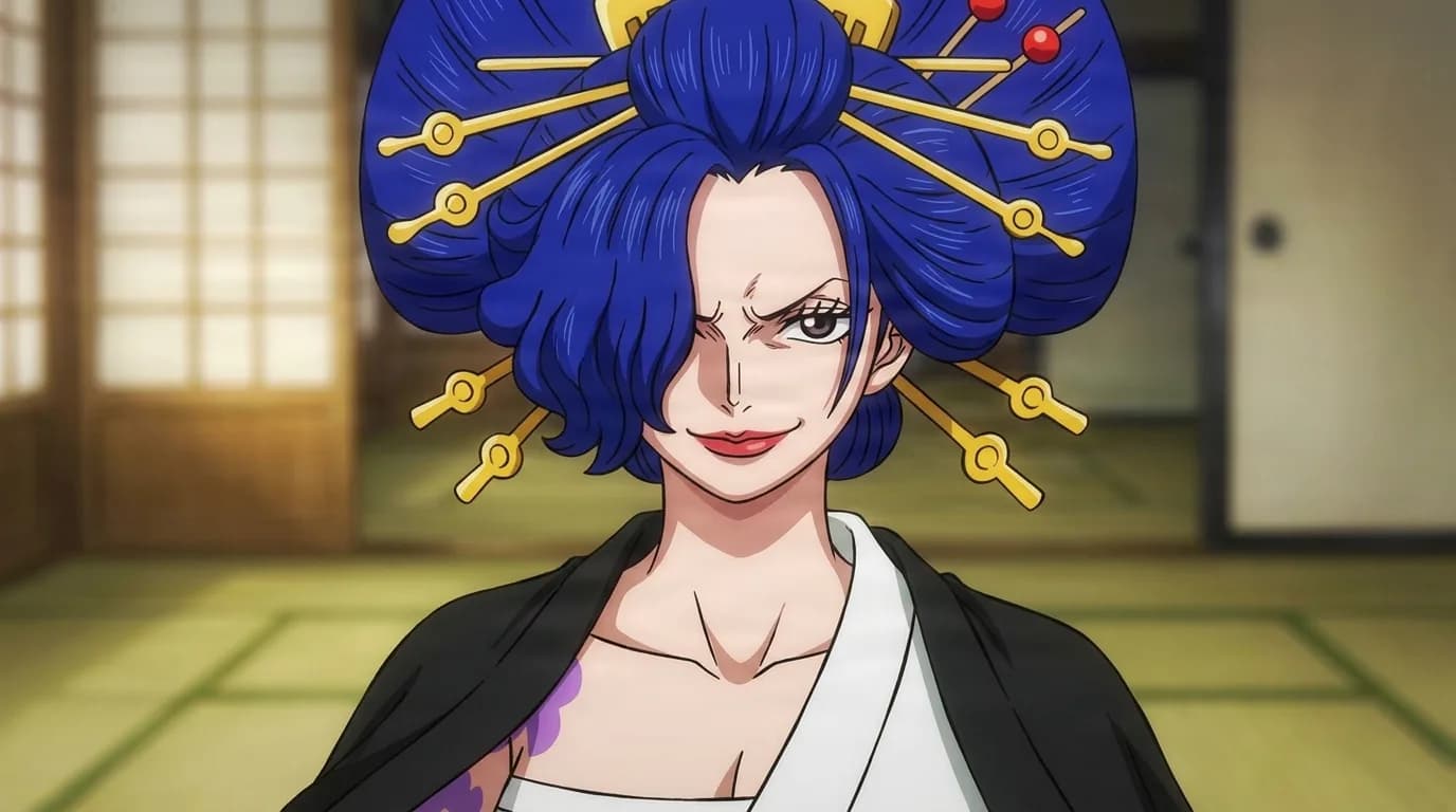 『ONE PIECE』のキャラクター、お蝶。細部まで描き込まれた背景を伴う、クローズアップのセル画調アニメシーンとして描かれている。