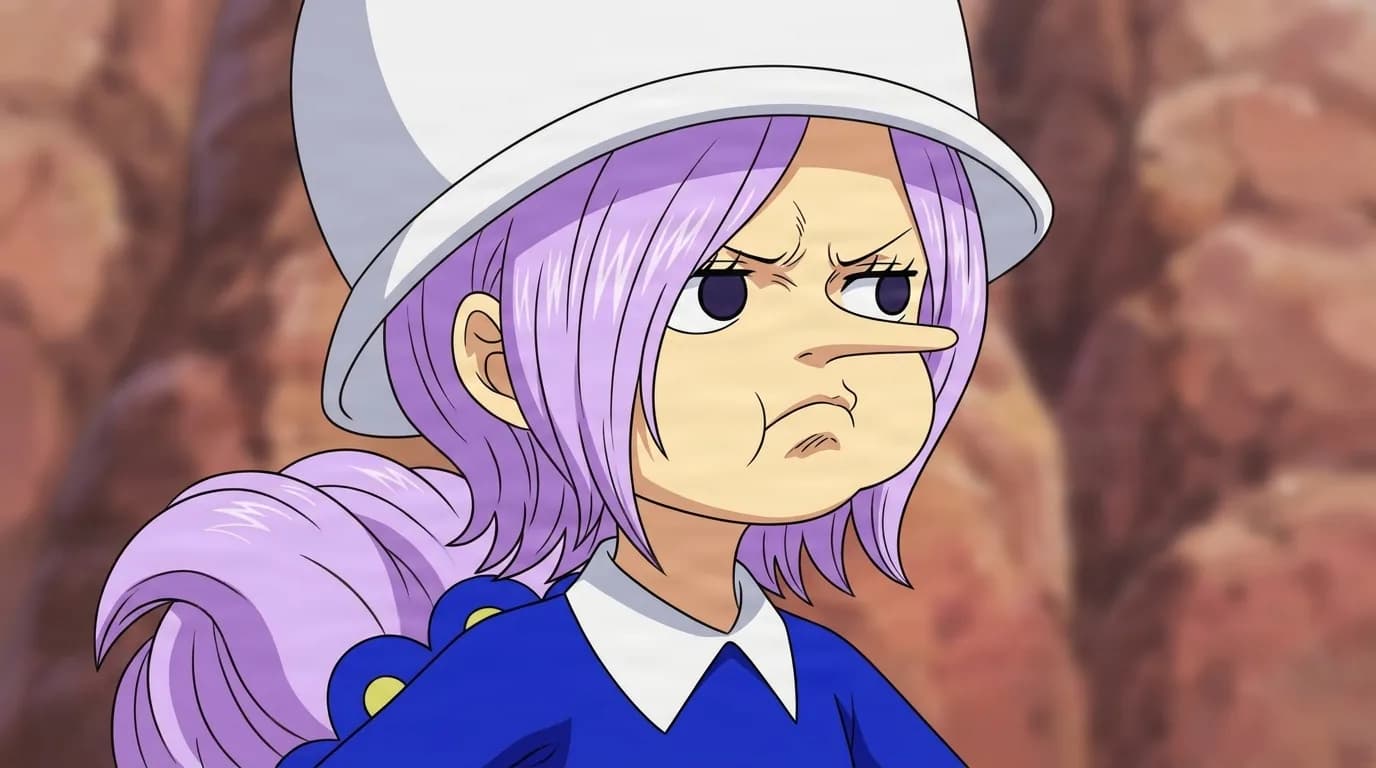 Cotton de One Piece dans une scène animée en cel-shading, cadrée en plan serré, avec un environnement détaillé