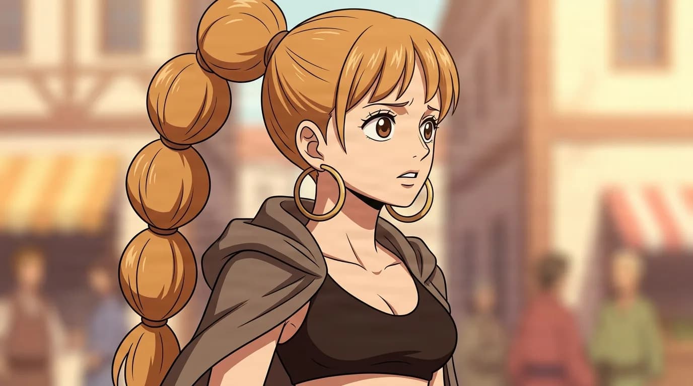 Dahlia from One Piece in a close-framed cel-shaded anime scene with a detailed environment