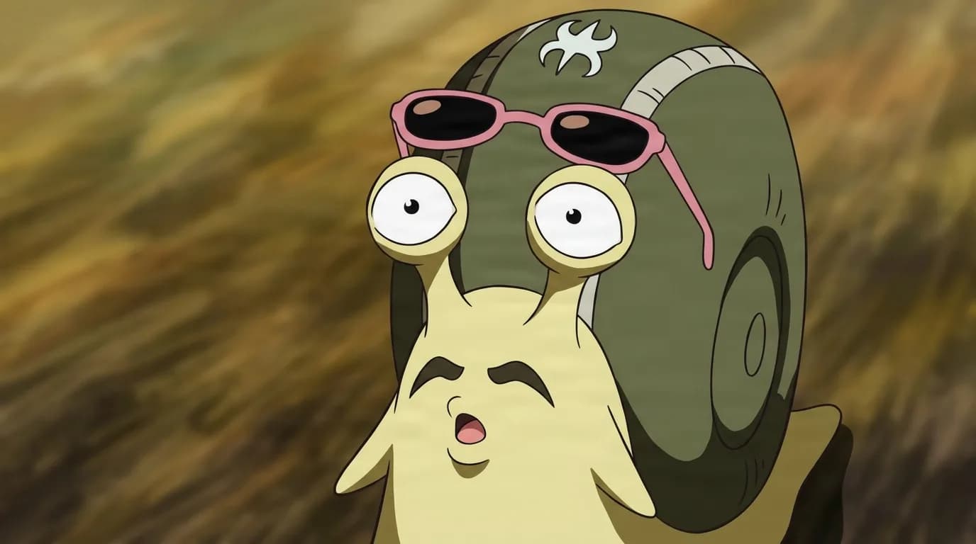Den Den Mushi from One Piece in a close-framed cel-shaded anime scene with a detailed environment