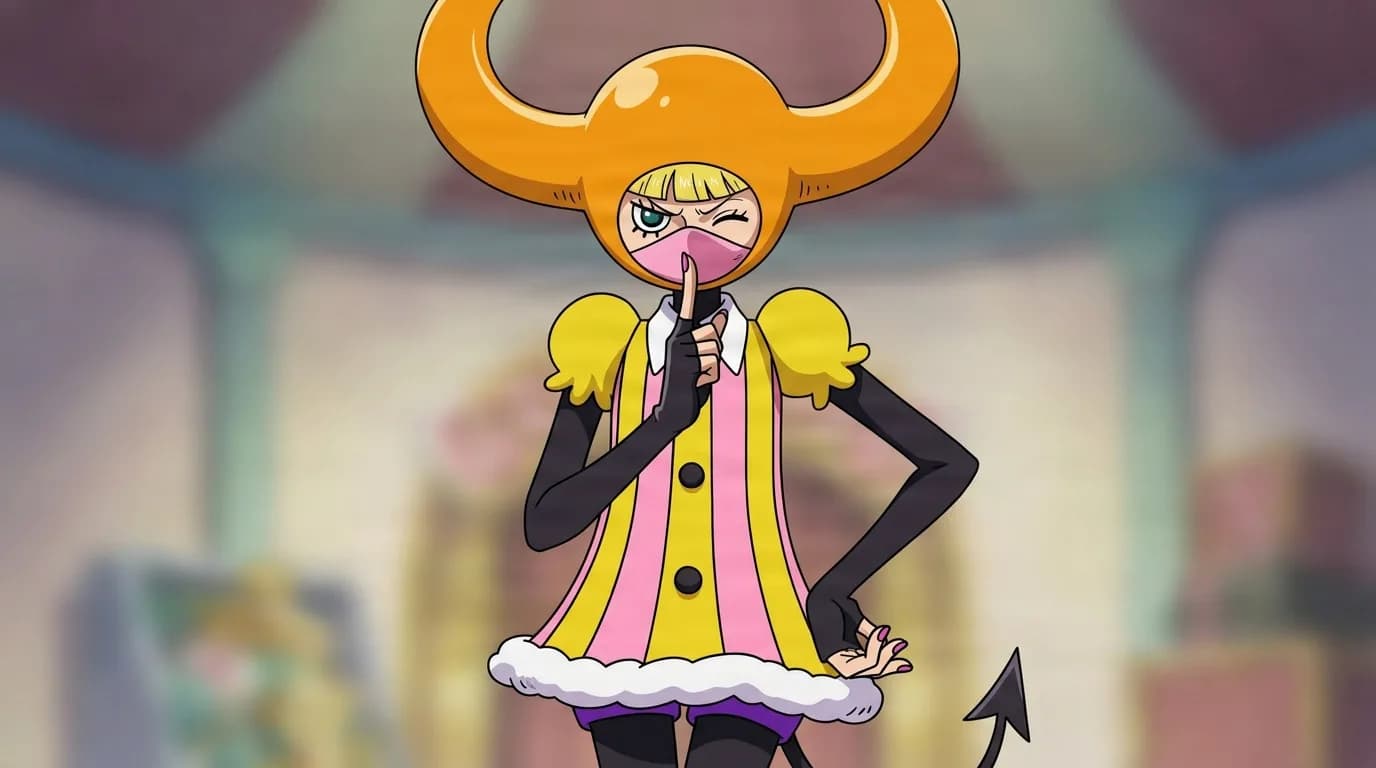 Devilgirl from One Piece in a close-framed cel-shaded anime scene with a detailed environment