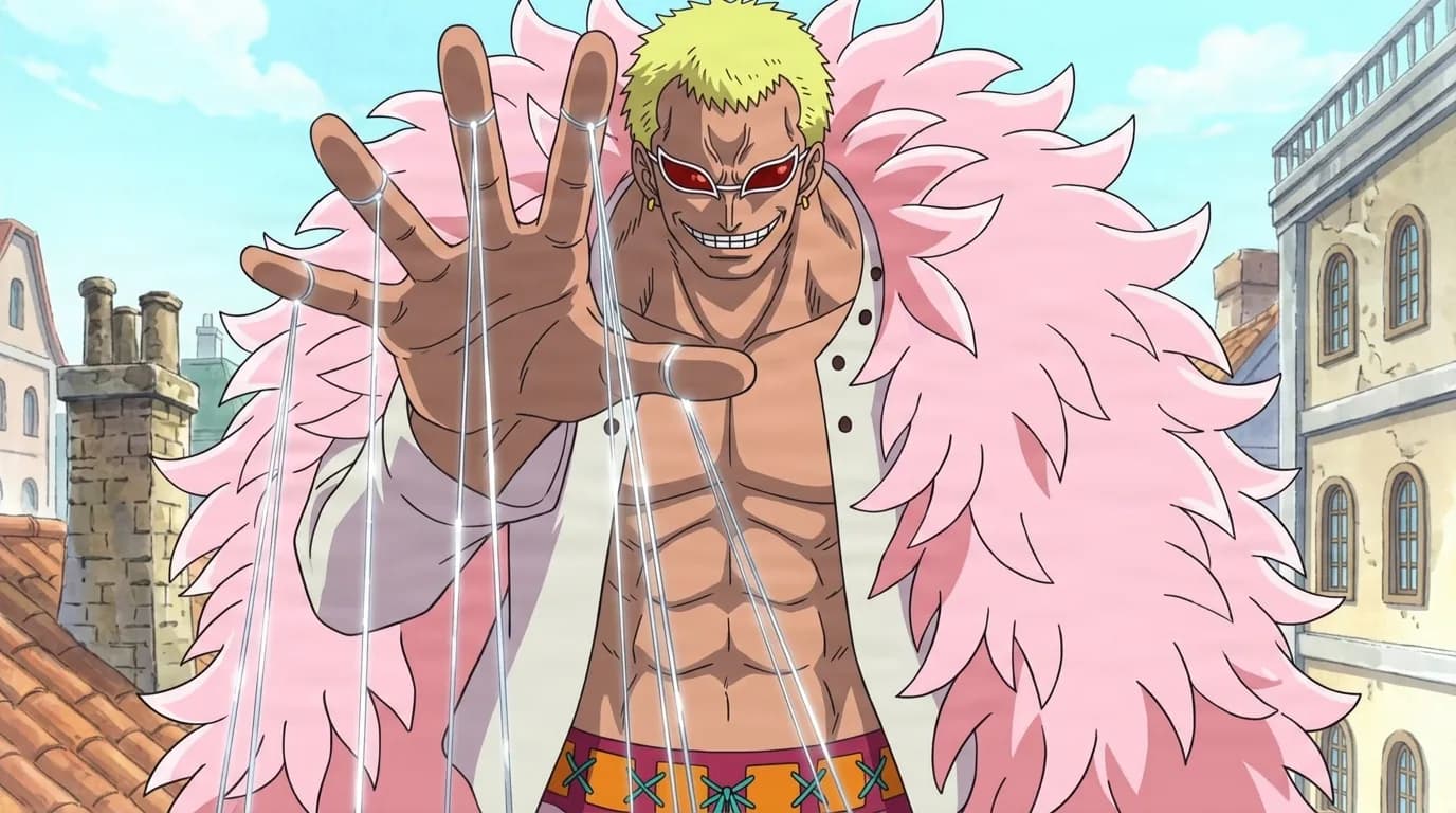 Blond man in red visor sunglasses and a pink feathered coat grins while thin strings stream from his outstretched hand, bare muscular chest and striped pants, over a sunlit town rooftop.