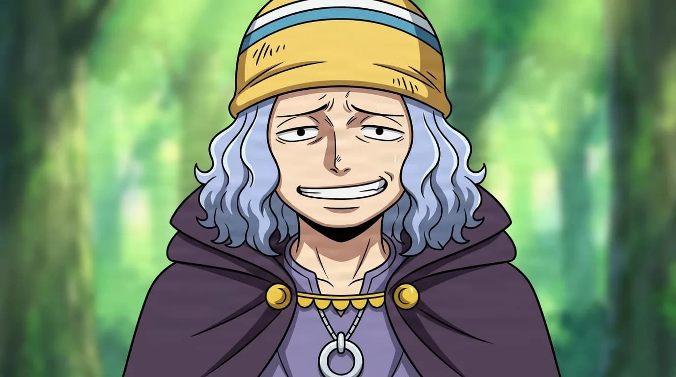 Drim from One Piece in a close-framed cel-shaded anime scene with a detailed environment