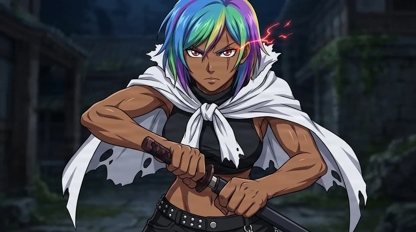 Estrid drawing her sword in a dark ruined village, rainbow hair, scarred face and a tattered white cloak over black gear