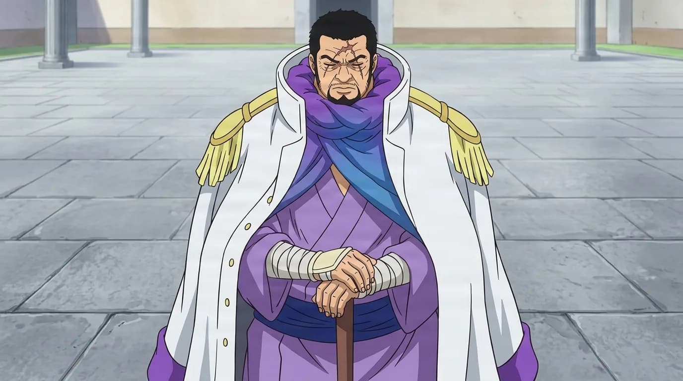 Bearded blind swordsman with a forehead scar and downcast eyes rests both hands on an upright cane, wrapped in a purple robe with a white admiral coat over his shoulders, on a wide grey stone plaza.