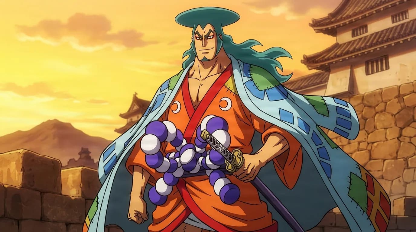 A tall samurai with teal wavy hair and a wide flat hat wears an orange kimono with crescent moons and a patchwork haori, resting a hand near the sword at his blue and white beaded rope belt on a castle wall at sunset