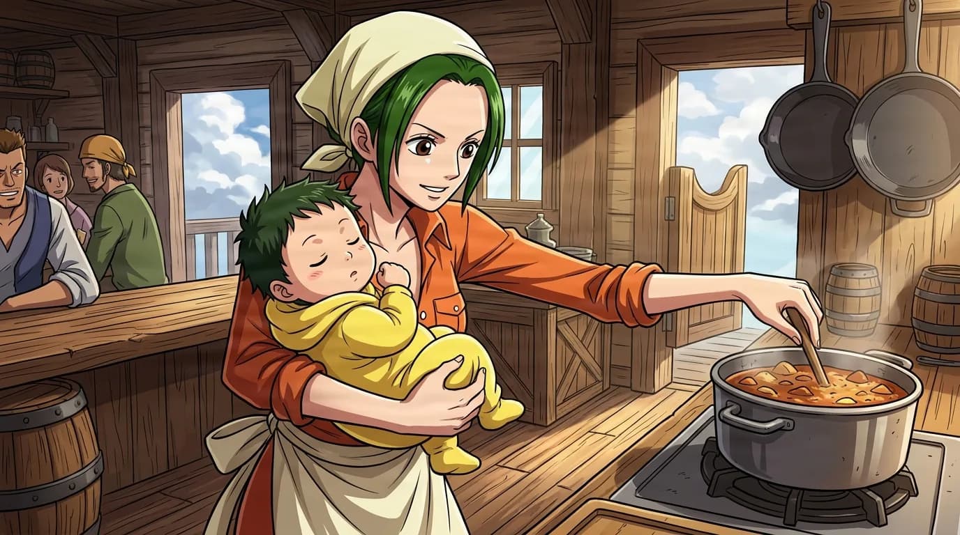 Makino from One Piece in a close-framed cel-shaded anime scene with a detailed environment