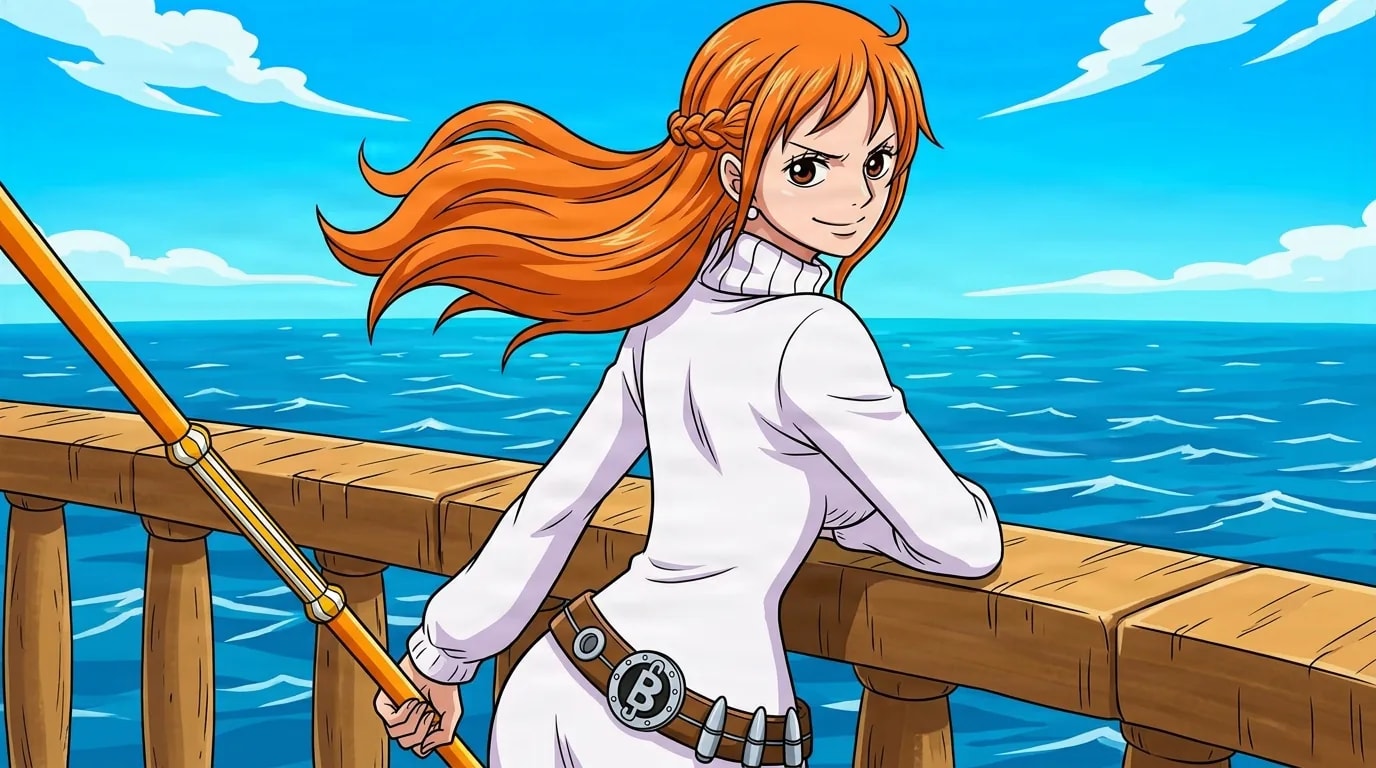 An orange haired woman in a white sweater dress leans on a wooden ship railing, glancing back with a smile while holding a segmented staff above a blue ocean.
