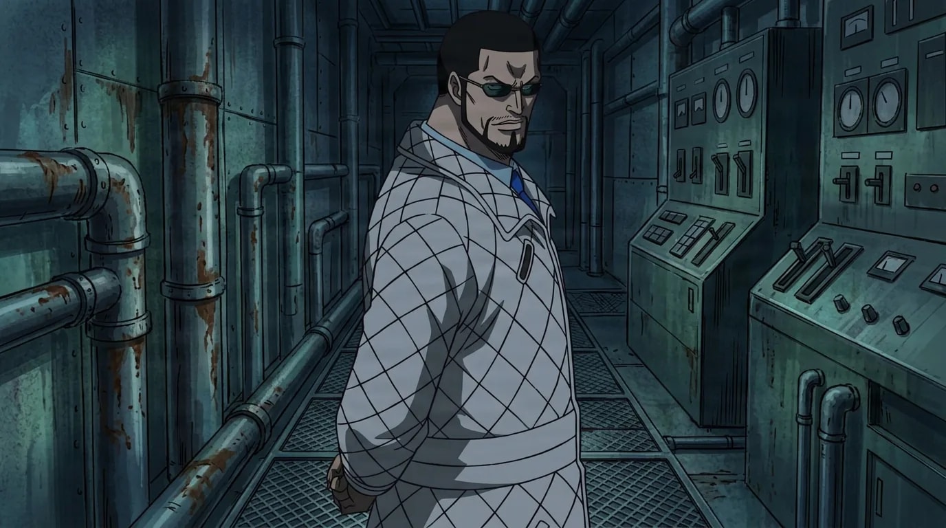 Vergo standing calmly in a dim industrial corridor of pipes and control panels, hands behind his back, wearing his white quilted coat and sunglasses.