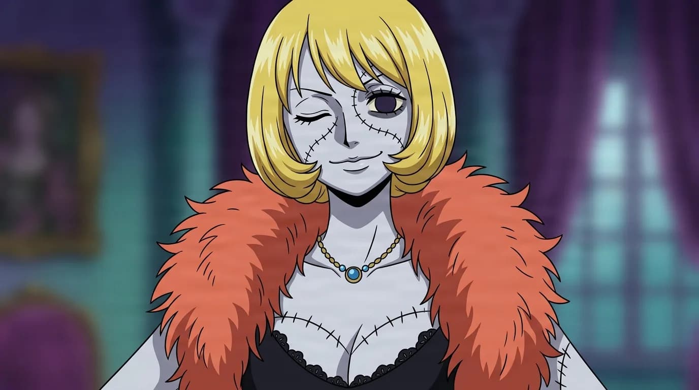 Victoria Cindry from One Piece in a close-framed cel-shaded anime scene with a detailed environment
