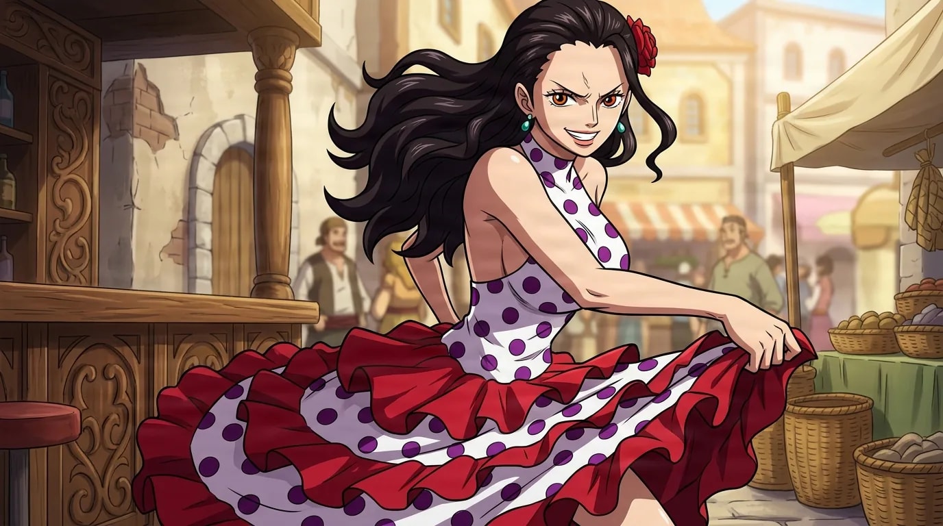 Viola from One Piece in a close-framed cel-shaded anime scene with a detailed environment