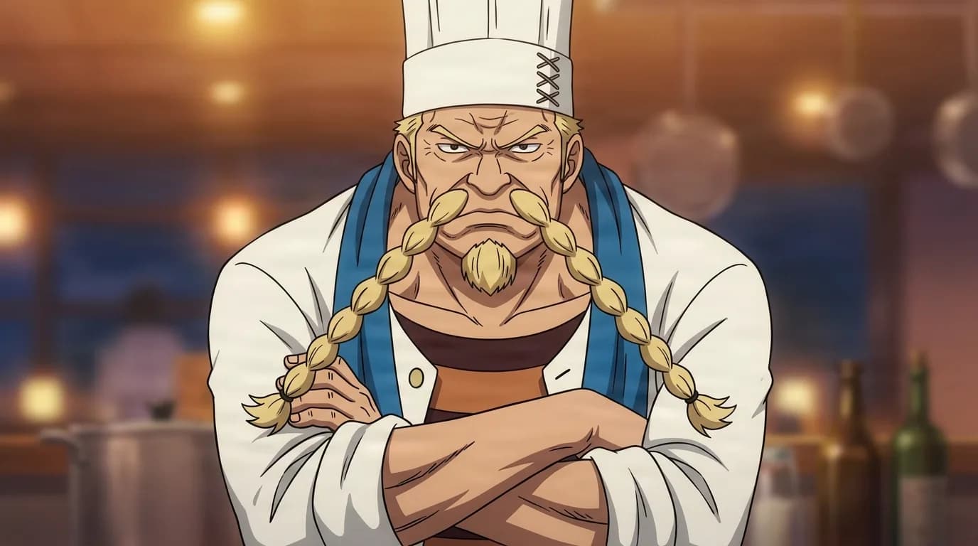 Zeff from One Piece in a close-framed cel-shaded anime scene with a detailed environment