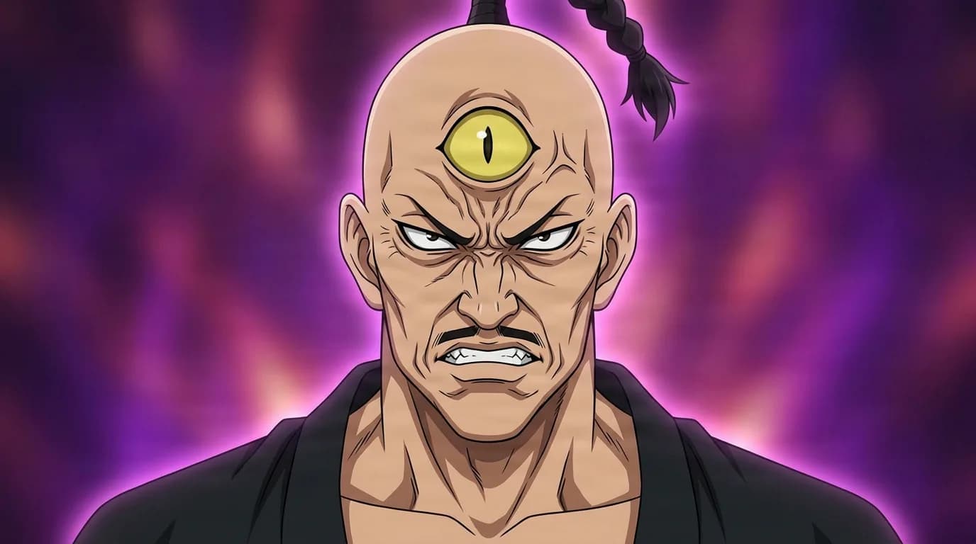 Benpatsu from One Punch Man in a close-framed cel-shaded anime scene with a detailed environment